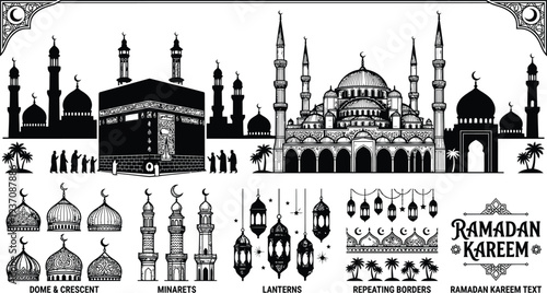 Islamic mosque and kaaba silhouette vector set with crescent domes, minarets, and decorative lantern lights, Ramadan Kareem religious line art illustration 
