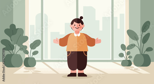 A cheerful, stylized person stands with open arms indoors next to potted plants, with a city skyline visible outside