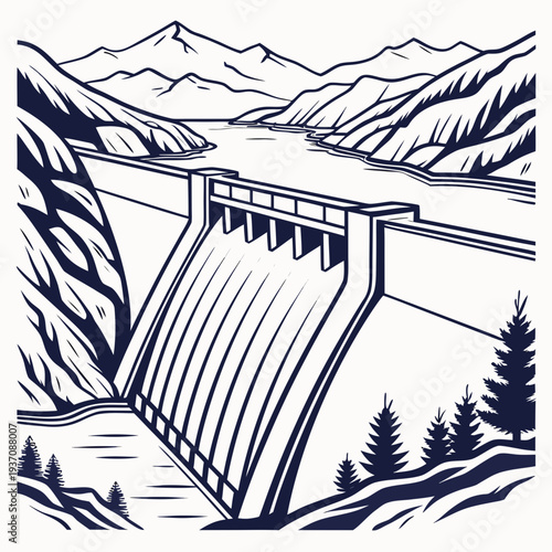 Illustration of a dam in a mountainous landscape with trees
