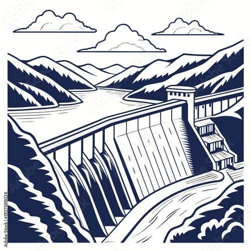 Illustration of a large dam in a mountainous landscape with clouds