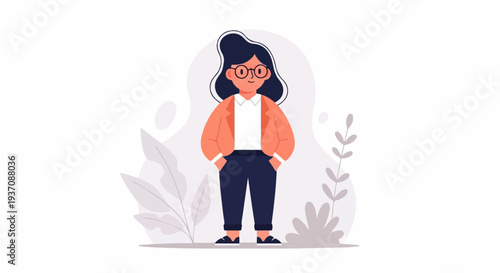 Stylized cartoon of a person in a blazer and glasses with plants