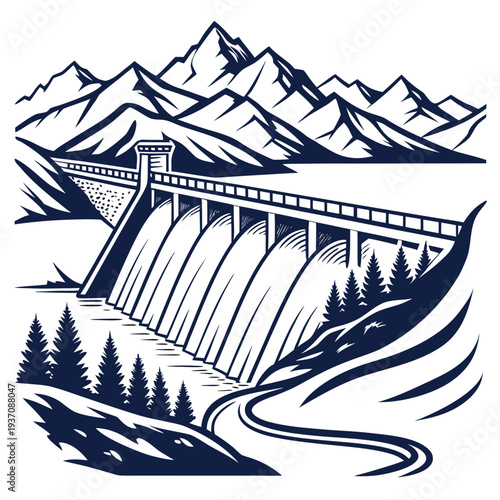Dam with water flowing out in front of mountains and trees