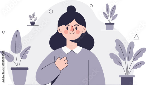 Cheerful person with houseplants in a simple illustration