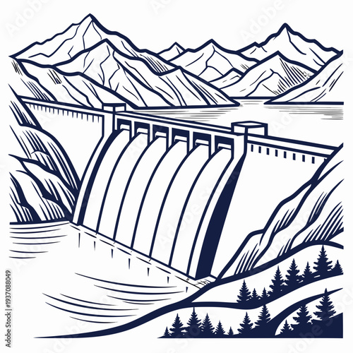 Dam with water flowing out in front of mountains and trees