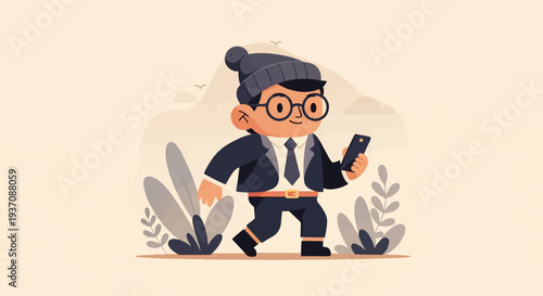 Young professional in suit and beanie walks while holding a smartphone