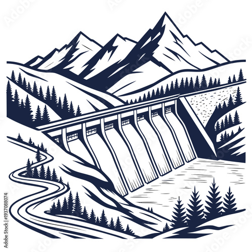Dam with gates in mountain landscape with trees and river