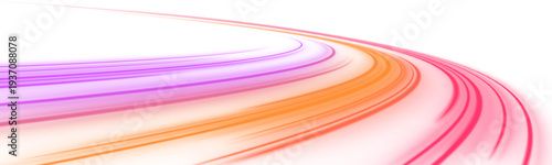 Shimmering neon trails form a fluid spiral motion, radiating bright sparks and flashes. Dark contrast enhances the luminous effect. A sleek high-tech illustration of speed.