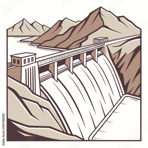 Brown and white illustration of a dam with water flowing out