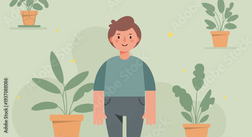 A stylized person smiles amidst potted plants and yellow dots against a soft green background