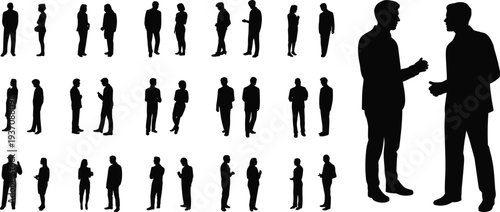 Black vector silhouettes of people standing, talking, and interacting in groups, representing communication, teamwork, posture, gesture, and social behavior.