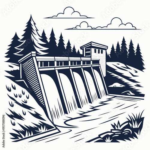 Illustration of a dam with water flowing out in a forest landscape
