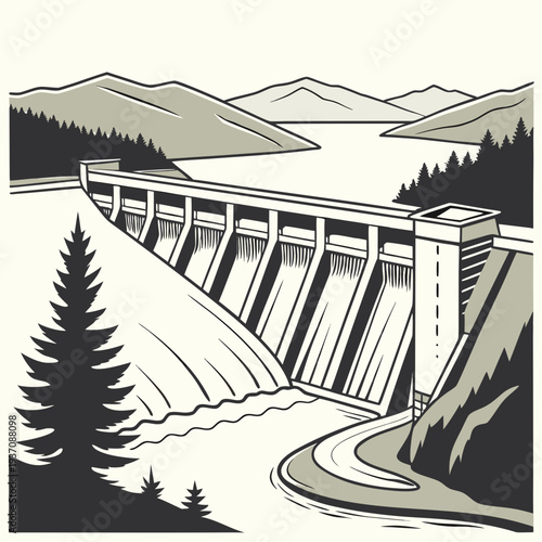 A dam with water flowing out in a scenic landscape with mountains