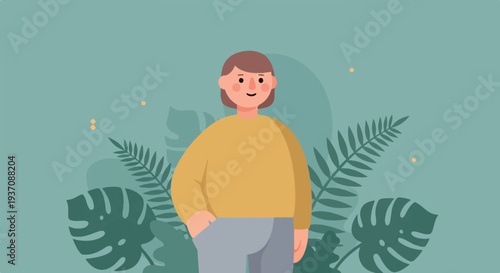 A simple illustration of a person with brown hair, wearing a yellow sweater and grey pants, standing in front of tropical foliage
