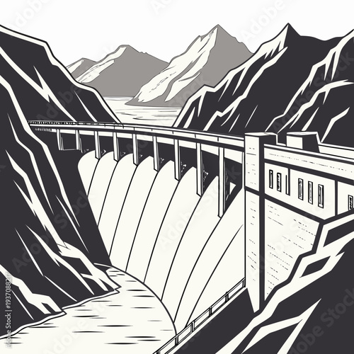 Dam with water flowing out in mountainous landscape with bridge