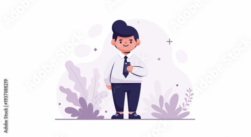 A stylized, plump character in a white shirt, dark tie, and navy pants stands with a confident gesture