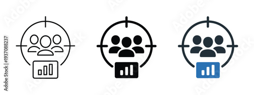 Audience analytics icon, people group symbol with bar chart and data visualization representing user behavior analysis, marketing performance metrics, audience research and business intelligence dashb