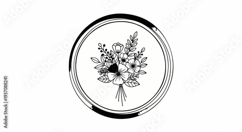 Black and white illustration of a floral bouquet within a circular border