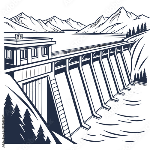 Illustration of a dam with mountains in the background