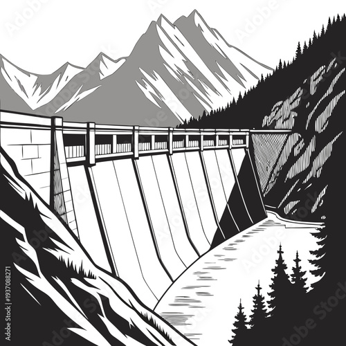 Black and white illustration of a dam in a mountainous landscape