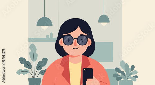 A woman with dark hair and glasses smiles, holding a phone, with plants and lights in the background