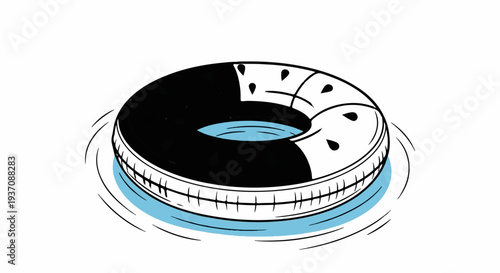 A black and white illustration of a life preserver floating on water