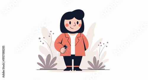 Stylized illustration of a smiling person in a blazer holding a phone, amidst abstract plant shapes