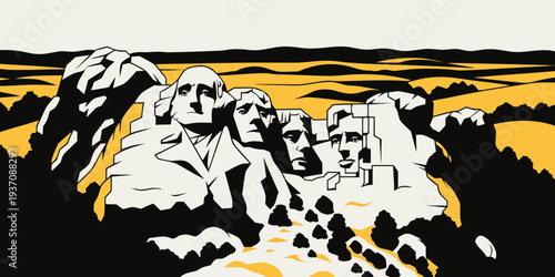 USA, US, U.S, United States - Mount Rushmore Black‑White‑Gold Illustration | Elegant Stylized American Landmark Art | Premium Modern Travel Poster Design
