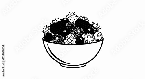 A black and white illustration of a bowl overflowing with assorted berries, including strawberries, blueberries, raspberries, and blackberries