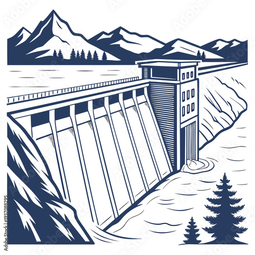 Illustration of a dam with mountains and trees in the background