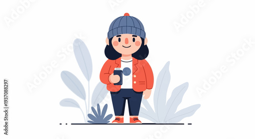 A cheerful cartoon character in a beanie and jacket holds a phone, surrounded by stylized plants
