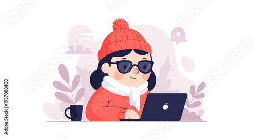 Stylized person in winter hat and scarf works on laptop with coffee nearby