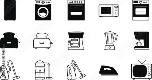 Collection of household appliances icons, simple linear and silhouette designs