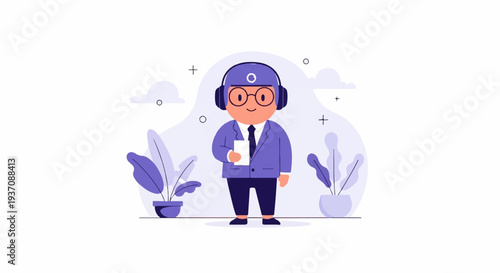 Cute cartoon person with headphones holding a card, surrounded by plants and abstract shapes