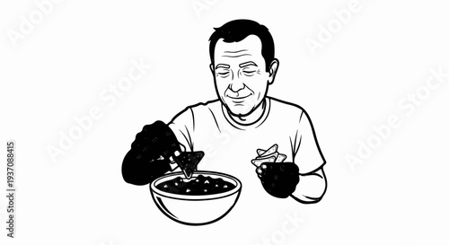 A man enjoys dipping chips into a bowl of salsa with enthusiasm