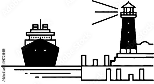 A large ship sails towards a lit lighthouse on a dock