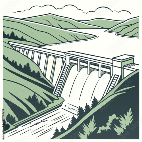 A dam with water flowing out of it in a green landscape