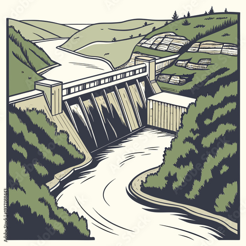 A dam on a river with a road on top and green hills