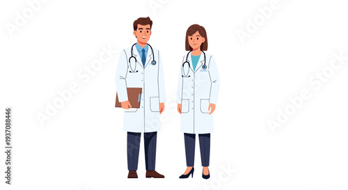 Title:
Male and female doctors standing together, healthcare professionals in medical uniforms with stethoscope and clipboard, hospital staff teamwork concept, medical team illustration isolated on wh