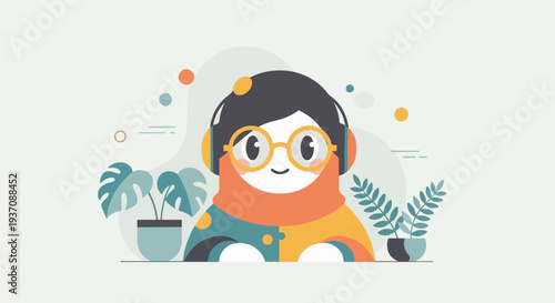 Friendly character with headphones and glasses smiles amidst potted plants and abstract shapes