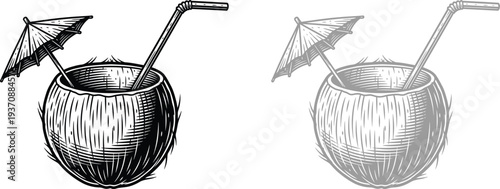 Coconut drink with umbrella and straw vector illustration.
