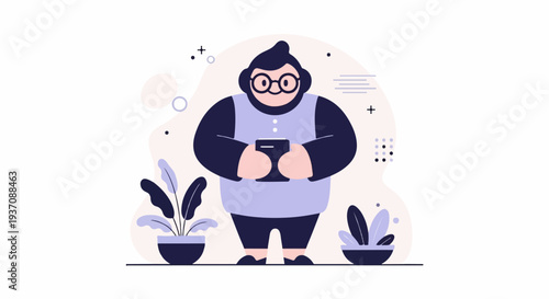 Stylized figure in glasses holds a phone, surrounded by abstract shapes and potted plants