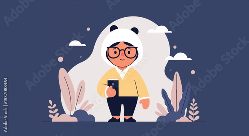 Person in panda hat with glasses holds phone amidst stylized plants and clouds