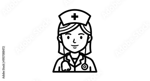 Title:
Nurse line icon with medical uniform and stethoscope, healthcare professional avatar symbol, hospital nurse outline illustration isolated on white background, medical staff and healthcare servi
