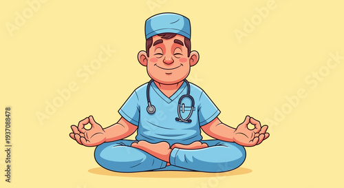 Title:
Calm doctor meditating in lotus pose, healthcare professional practicing yoga and mindfulness, medical worker stress relief concept, healthy lifestyle and mental wellness illustration on soft b