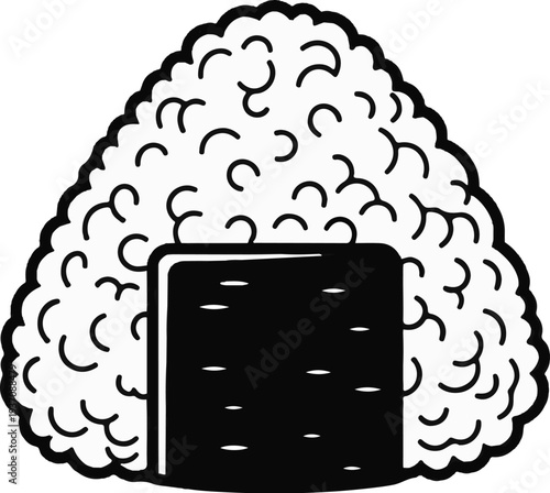 A simple black and white illustration of a rice ball wrapped in seaweed