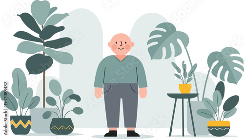 A bald, smiling person stands among potted plants in a minimalist style