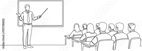 Continuous line art of teacher using pointer at whiteboard during classroom lecture for student education, professional training, and corporate workshop.