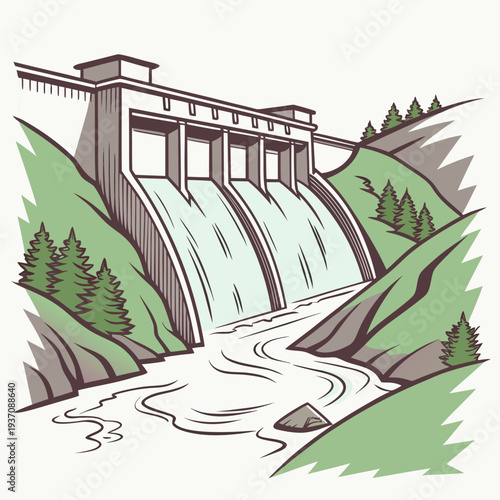 Illustration of a dam with water flowing down on green hills
