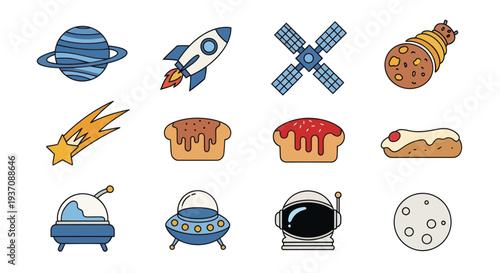 Space and food icons set on white