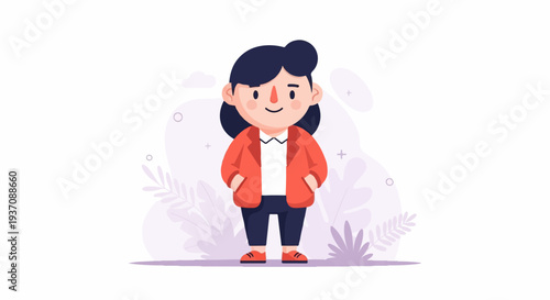 Cartoon woman in orange blazer, white shirt, navy pants and red shoes